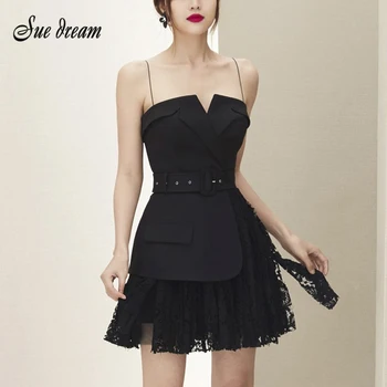

2020 Summer New Women's Black Sexy Spaghetti Strap Lace Patchwork Belt Mini Dress Bodycon Celebrity Club Party Dress Vestidos