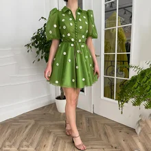 

Eightree Green Cheap Prom Dresses 2021 Shirt Collar Lace Wedding Party Dress Short Sleeve Graduation Cocktail Party Gowns