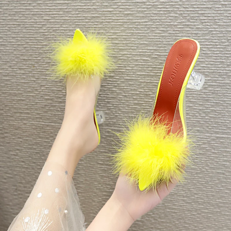 

2020 New Designer PVC Shoes Woman Feather Transparent High Heels Fur Pumps Slippers Women Peep toe Mules Lady Pumps Slides