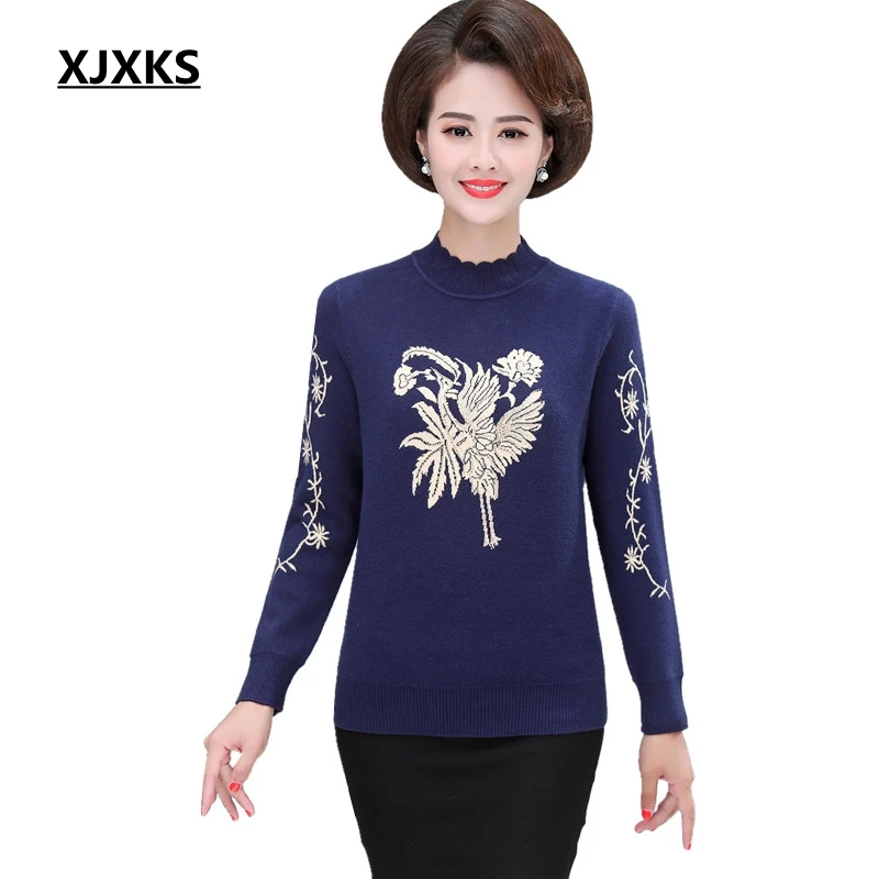 

XJXKS Fall 2019 Jumper Plus Size Pull Femme Hiver Crane Pattern Women Sweaters And Pullovers Turtleneck Oversized Sweater