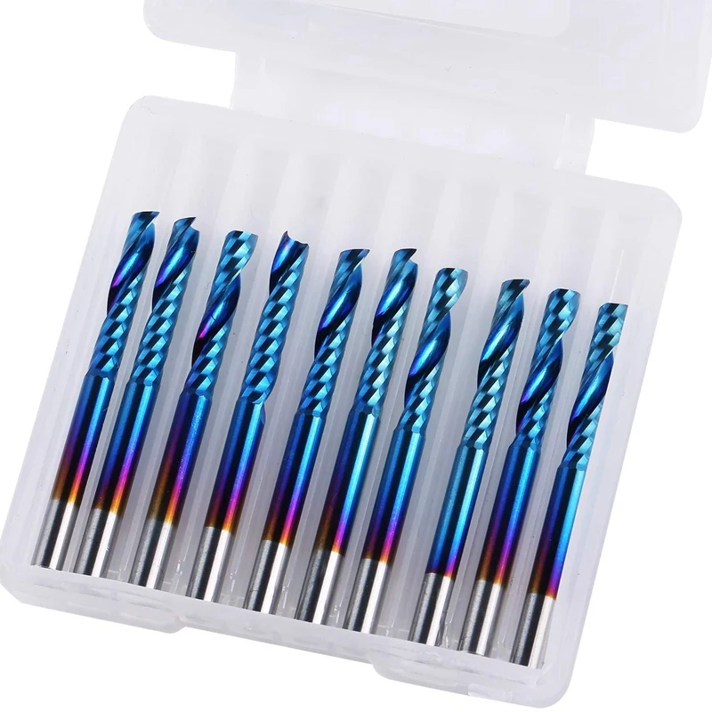 10Pcs Nano Blue Coat Flat Nose End Mill CNC Router Bits, 1/8 Inch Shank Spiral Upcut Single 1