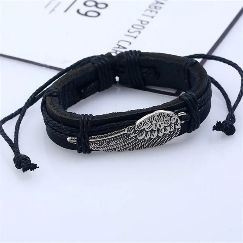 New Style Retro Silver Color Angel Wing Bracelet Hand Woven Leather Fashion Men's Nightclub Jewelry Accessories | Украшения и