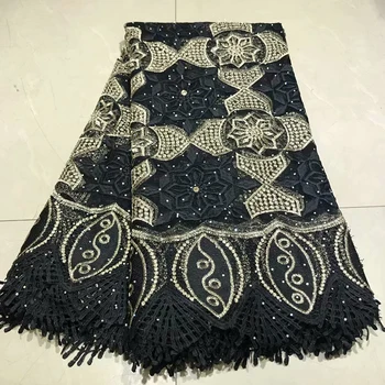 

Black African lace fabric 2019 high quality guipure cord french tulle lace stones Nigerian swiss mesh lace fabrics for women