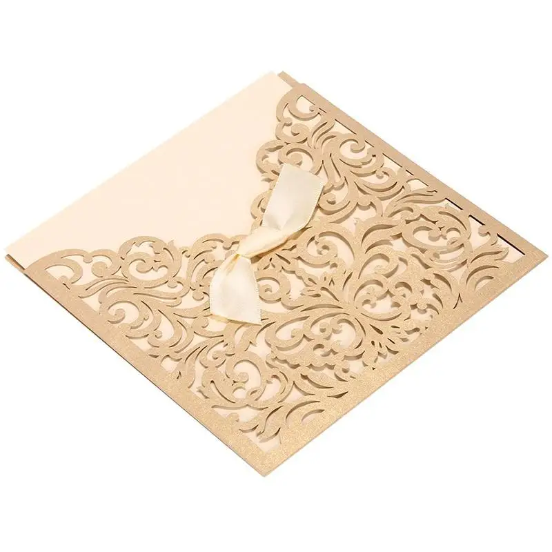 Floral Laser Cut Hollow Bowknot Wedding Invitations Cards Kits with Tri Fold Printable Paper and Envelopes Wedding Decor