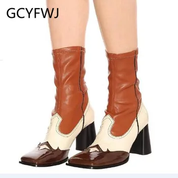 

GCYFWJ Square Toe Ankle Boots Woman Chunky Heels Martin SockBoots Woman Genuine Leather Splicing Elastic Boots Zapatos De Mujer