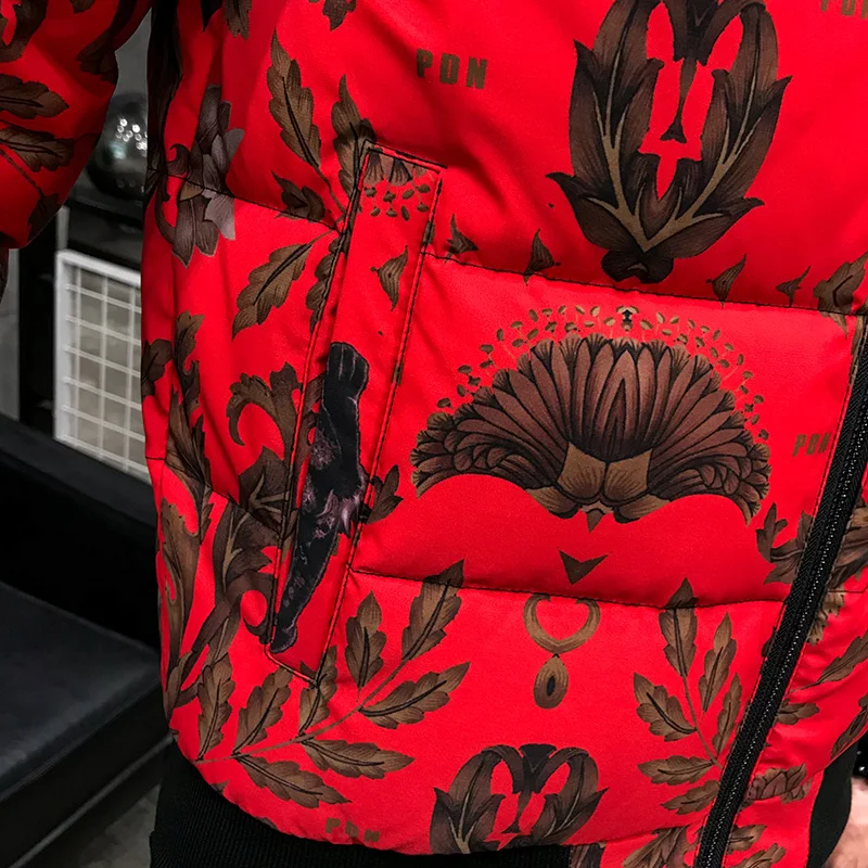 Autumn Winter Red Printed Mens Down Jackets Luxury Stand Collar Slim Fit Mens Jackets And Coats Plus Size 5xl Male Coats