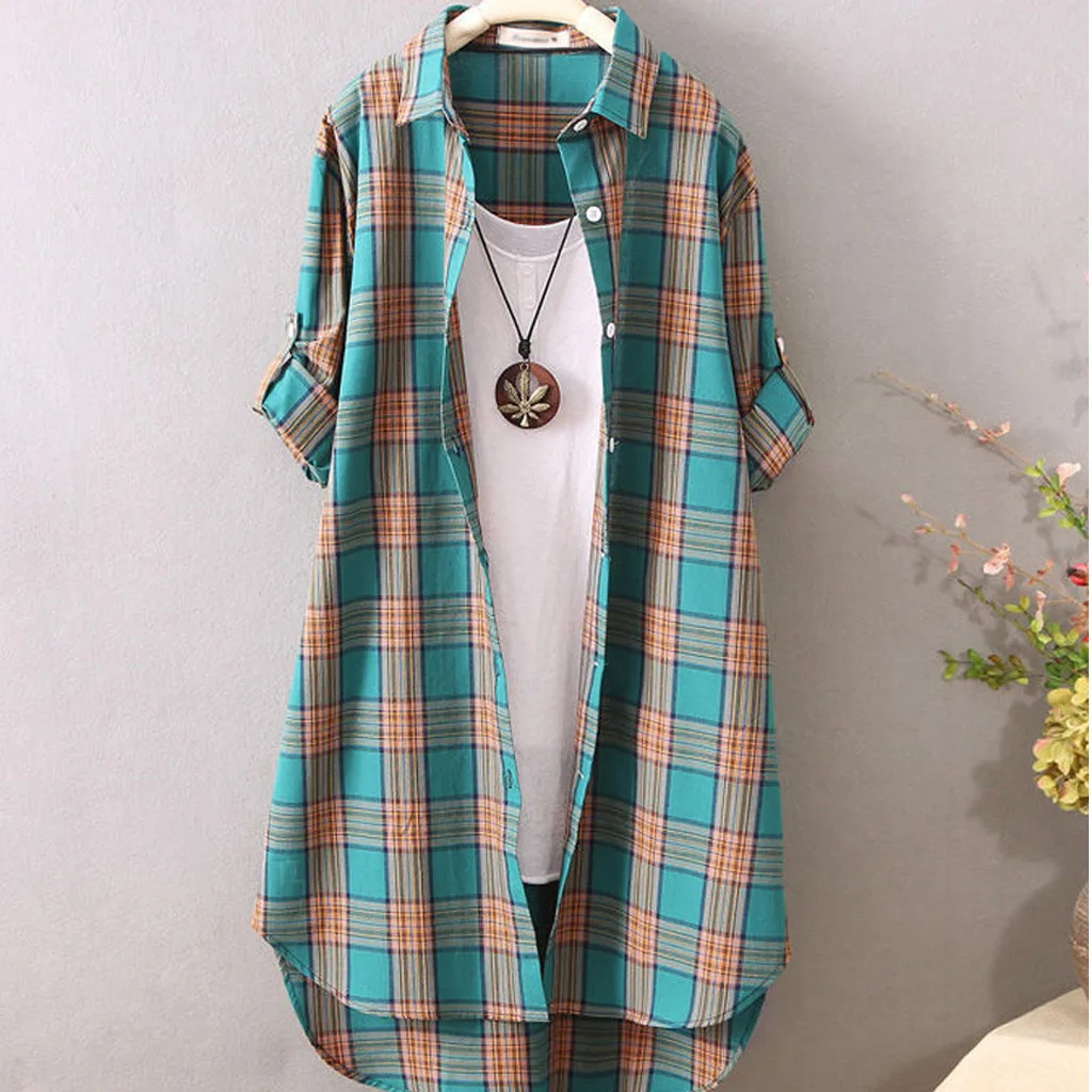 

Female Plaid Shirt Thin Coat Plus Size Loose Shirt Women Casual Loose Turn-down Collar Button Up Plaid Shirt Blouse Tops mujer