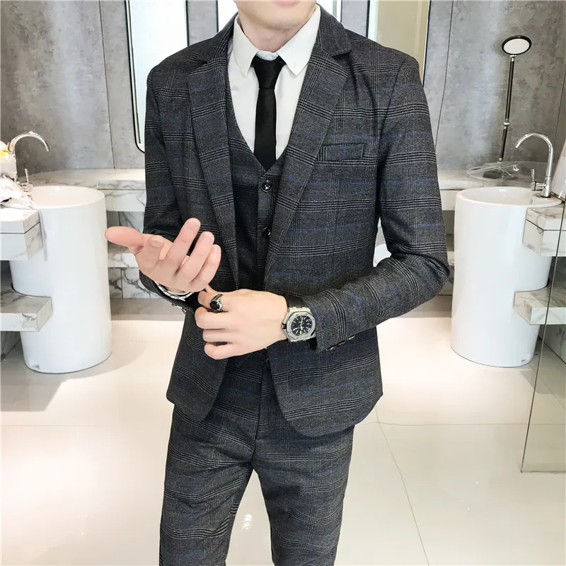 2019 autumn new men's plaid suit 3-piece suit (blazert + suit pants + vest) men's wedding dress slim business casual suit 2019 autumn new men's plaid suit 3-piece suit (blazert + suit pants + vest) men's wedding dress slim business casual suit
