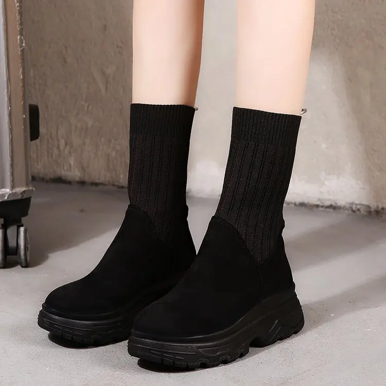 

Short Boots 2019 Autumn And Winter New Style Martin Boots Versatile Single Boots Knitted Thick Bottomed Cotton-padded Shoes Slan