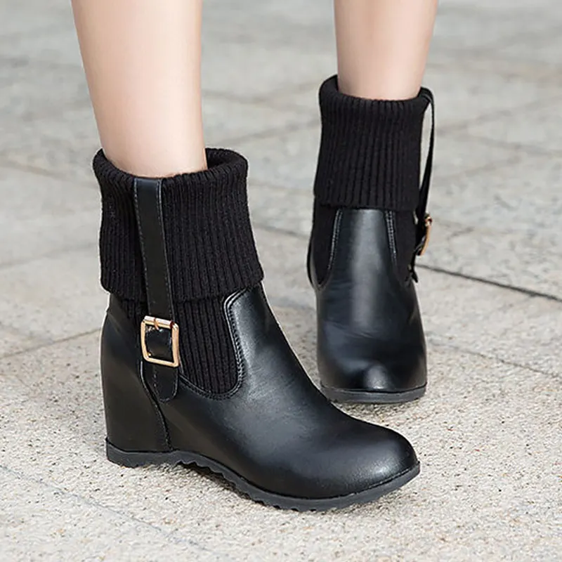 Black fabric Г., весенние модные элегантные кожаные ботинки размера плюс 34-43 женская зимняя повседневная обувь женские ботинки на скрытой танкетке - Цвет: Black fabric