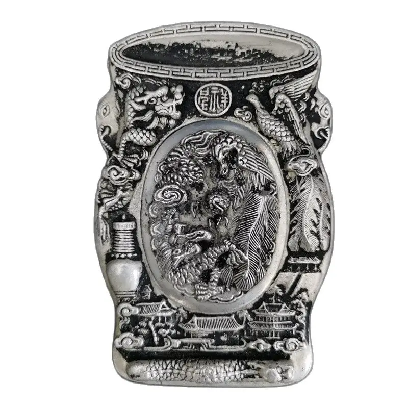 Chinese Old Tibetan Silver Relief Inkstone Plate With The Dragon Phoenix | Дом и сад