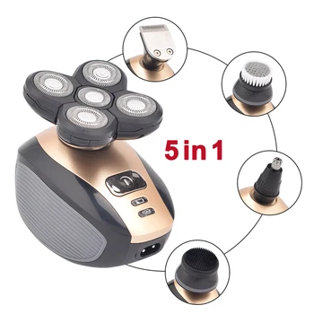

5 In 1 Men's Rechargeable Bald Head Electric Shaver 5 Floating Heads Beard Nose Ear Hair Trimmer Razor Clipper Facial Brush