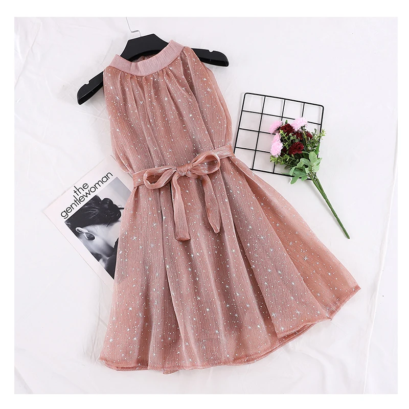 

Sweet Halter Sleeveless Chiffon Dresses Women Lace Up Bandage A Line Star Sequins Summer Dress Lady Mid-length Sleek Loose Dress