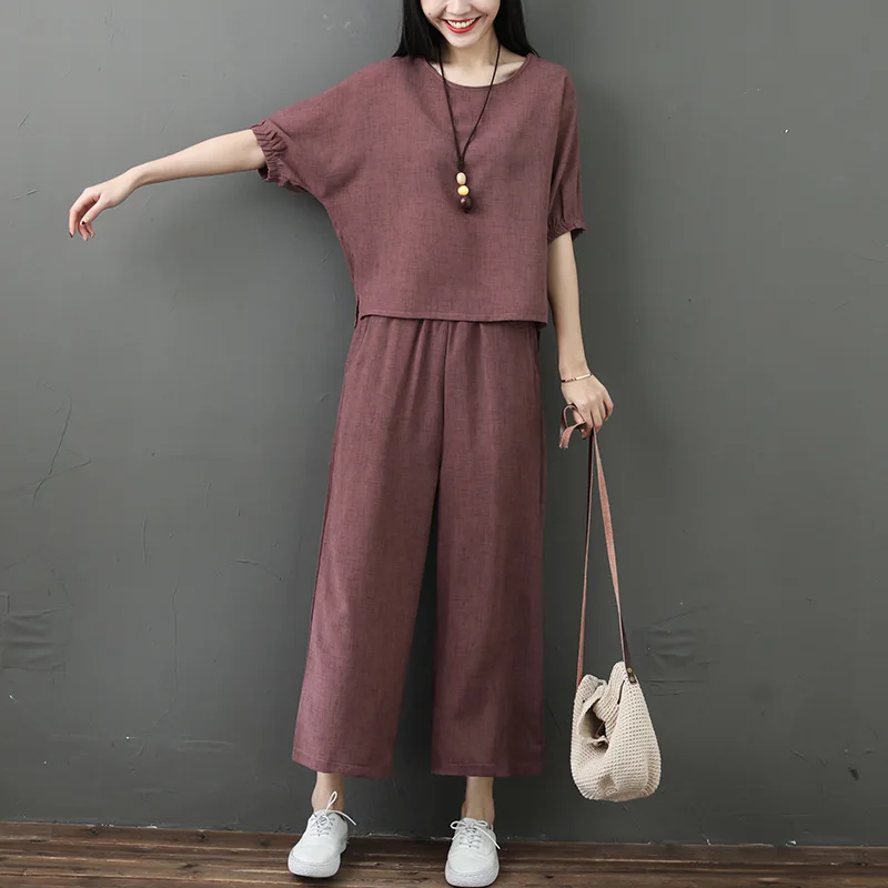 

2019 Summer New Style Retro Bamboo Joint Cotton Linen Set Short Sleeve Loose-Fit Tops with Capri Loose Pants Two-Piece Women's