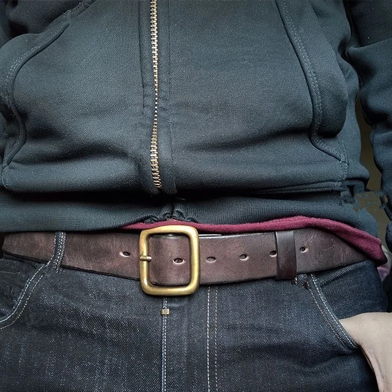 Thick Cowhide Belt Men's Pure Copper Button Top Cowhide All-match Casual Jeans Belt High Quality Retro Luxury Men Belt