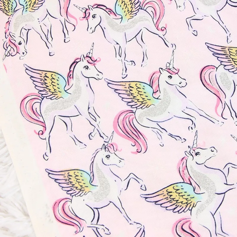 Наполовину ярдовая однотонная хлопковая ткань с мультяшным единорогом, Серебряный принт, ручная работа, сделай сам, одежда, платье, детская одежда, хлопок, CR-260
