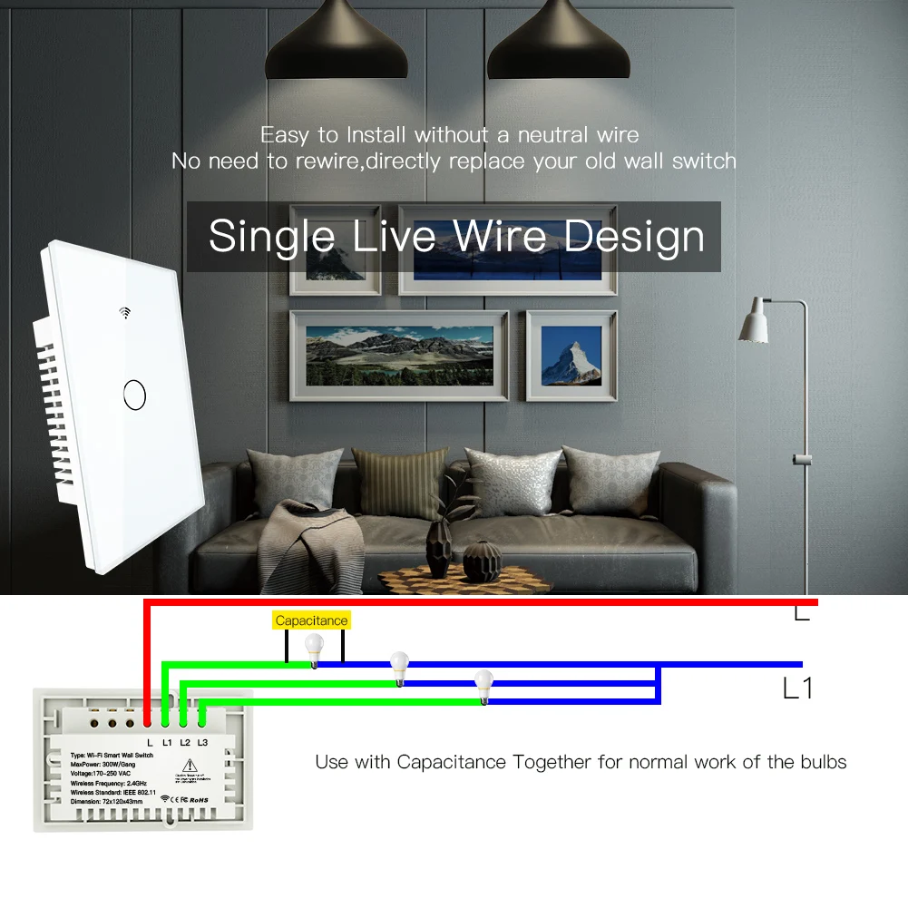  RF433 WiFi Smart Wall Touch Switch No Neutral Wire Needed Smart Single Wire Wall Switch Work with A - 4000460057355
