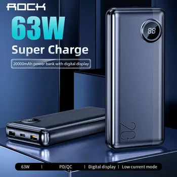 

ROCK 20000mAh Power Bank with LED Digital Display 63W PD QC3.0 Fast Charging Powerbank for iPhone Xiaomi Samsung Switch Macbook