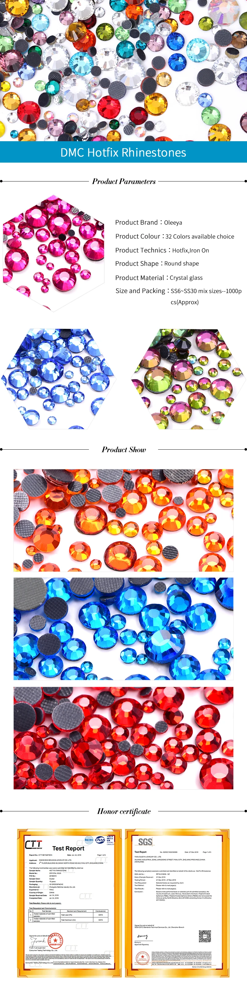 1000pcs Mix SS6-SS30 Colorful Oleeya DMC Hotfix Rhinestones