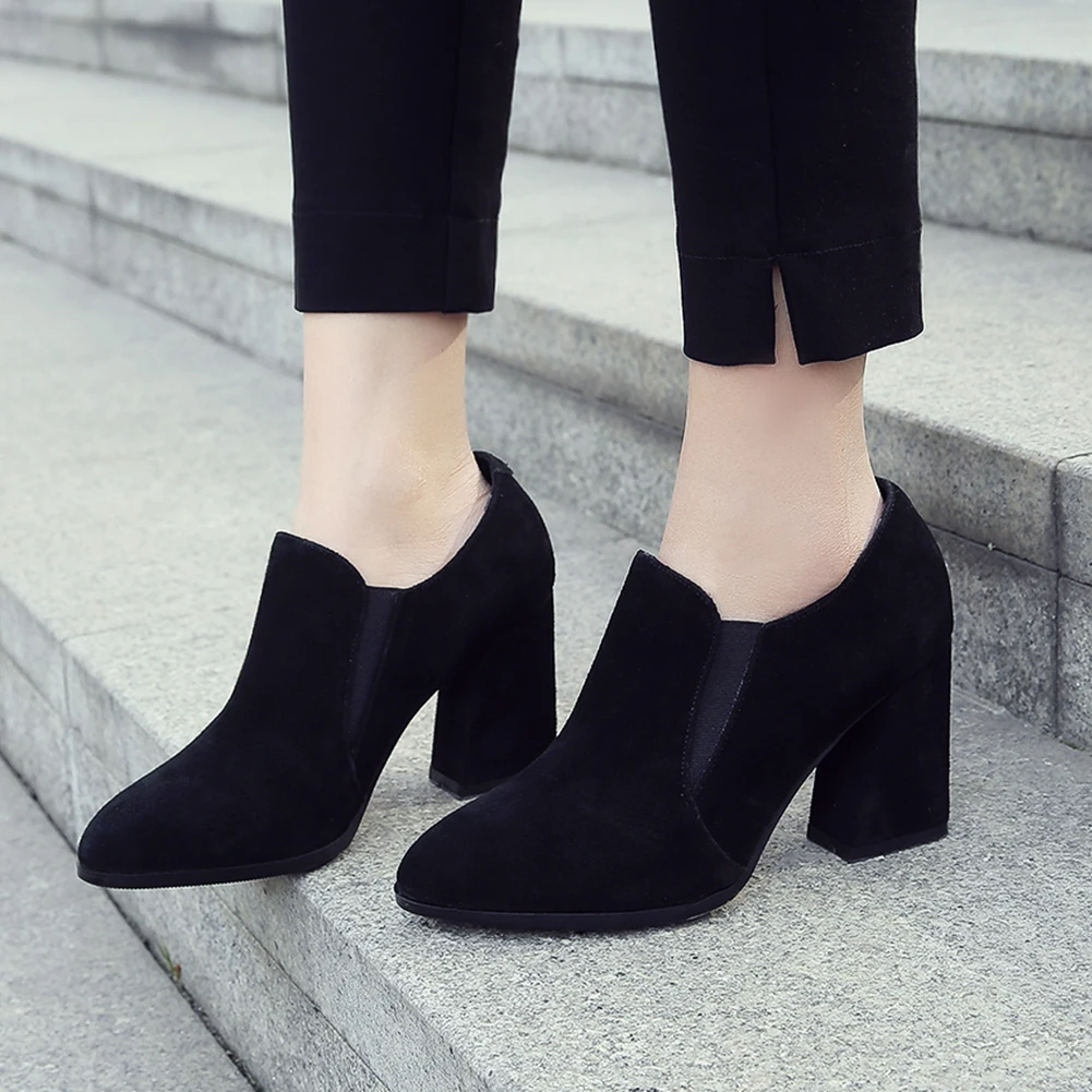 

LAPOLAKA New Wholesale Plus Size 43 Women Shoes Spring Flock High Quality Pointed Toe Slip On Hoof Square Heels Lady Pumps
