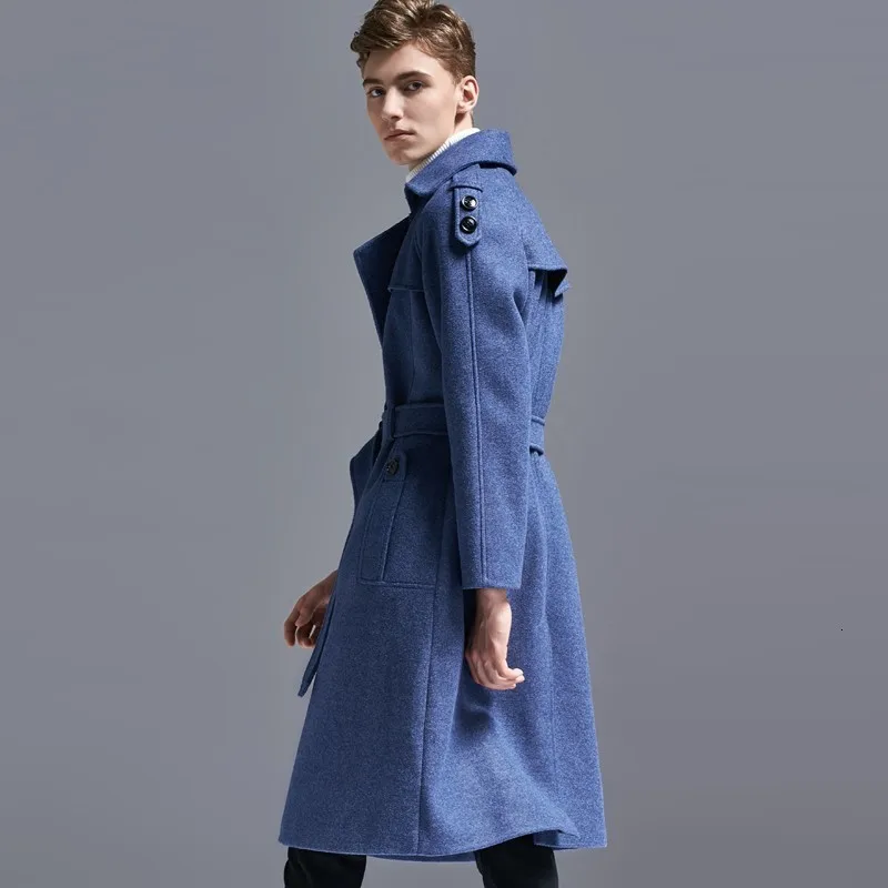

New Fashion Mens Woolen Long Trench Coat Wool Blends Sobretudo Sashes Slim Overcoat 6XL Military Double Breasted Maxi Long Coats