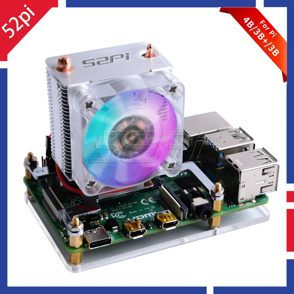 New 52Pi ICE-Tower Cooling Fan V2.0 Super heat dissipation 7 Colours Light 5-Layer Case for Raspberry Pi 4B / 3B / 3B+