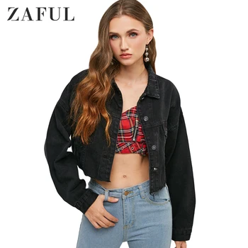 

Zaful Solid Streetwear Women Causal Jacket Lapel Drop Shoulder Single-Breasted Tops Tassel Ripped Pocket Femme Cropped Jackets