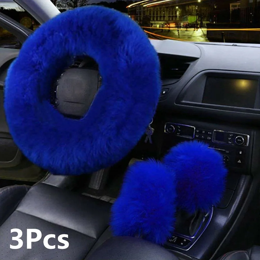 3PCS Universal Fur Auto 36-38cm Steering Wheel Wool Furry Fluffy Cover Warm Trim 
