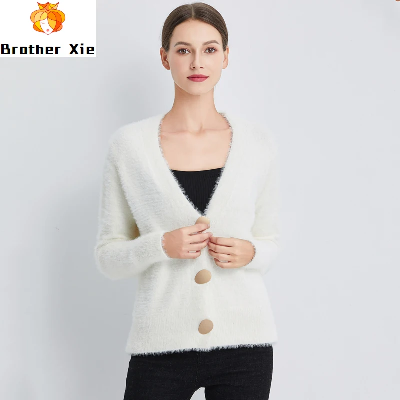 

2020 New Winter Women Golden Button Woolen Open Stitch Sweater Female Warm Elegant V Neck Single Breasted Cardigan Coat