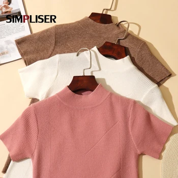 

Stretch Women Knitted Shirts Turtleneck Short Sleeve Basic Knitting Tees 12 Colors Female Tops Pink Black Red Khaki Pullovers