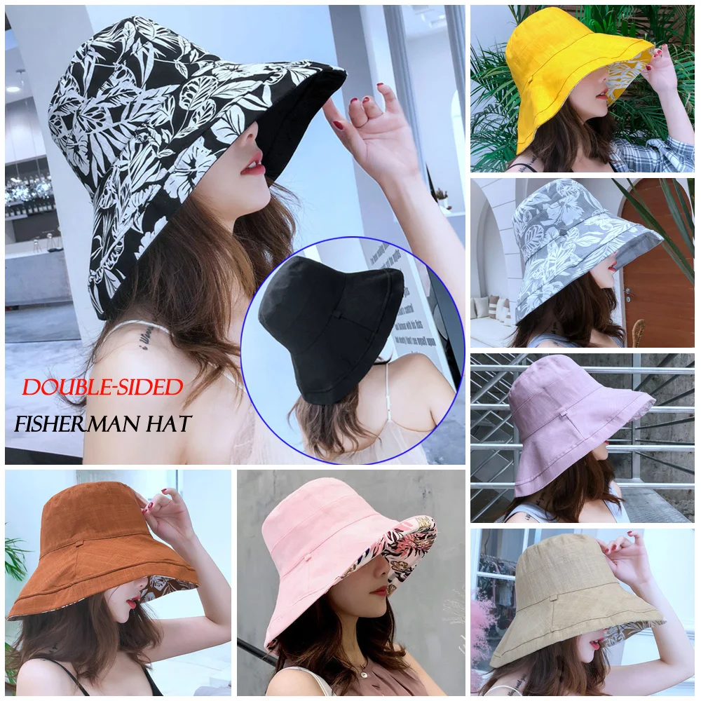 Women Fisherman Hat Sun Hat Outdoor Summer Floral Cap Cotton Double-sided