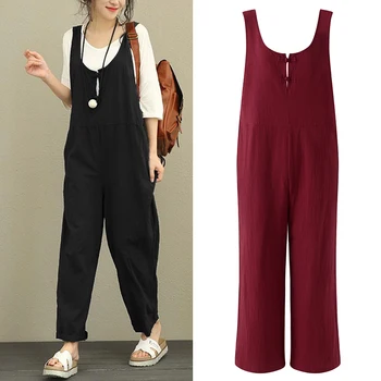 

2020 Summer Rompers Celmia Women Long Jumpsuits Casual Sleeveless Backless Loose Buttons Playsuits Vintage Linen Overalls S-5XL