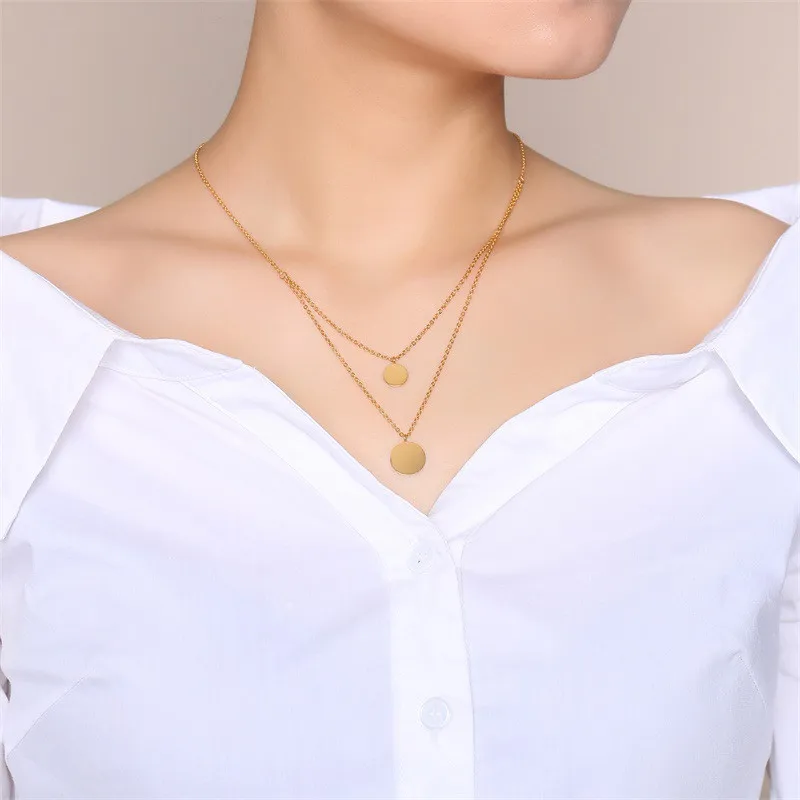 ZORCVENS New Brand Gold Color Double Layered Coin Pendant Necklace Stainless Steel Women Jewelry