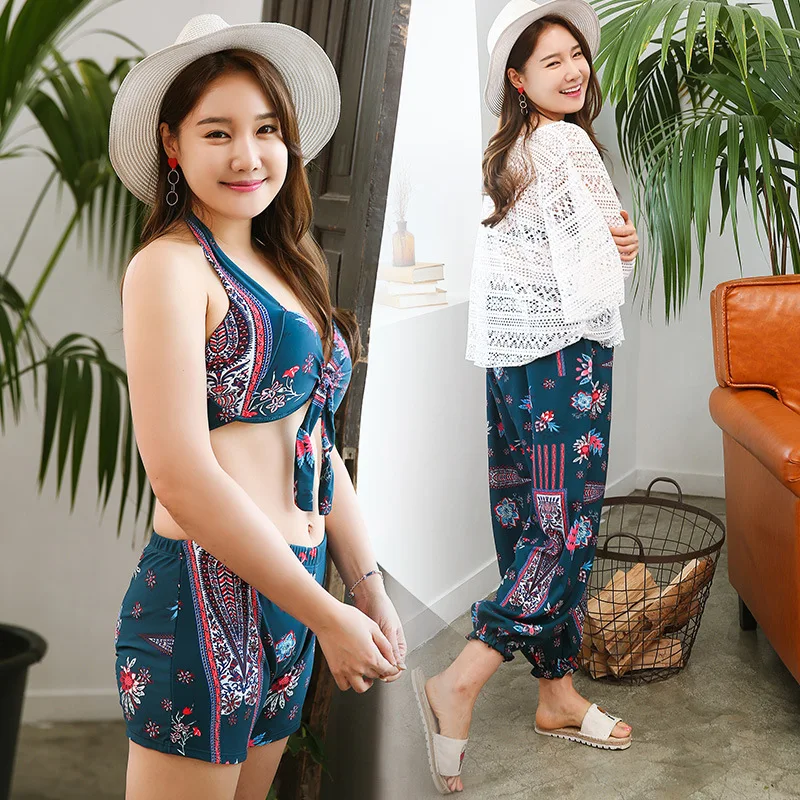 

Bikini Four-piece Set Holiday pi sha Fat Mm Belly Covering 200 Underwire Large Bust Push up Split Type Boxer Bathing Suit Women'