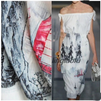 

Чернильный пейзаж шелковая принтованная шифоновая тонкая ткань большой-футболки с рукавами одежда креативный дизайн ткань