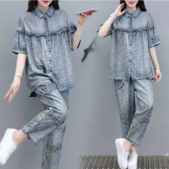 

2020 Denim two-piece Women new Summer Plus size literary Stitching Wood ear Print lining + nine points harem pants casual set