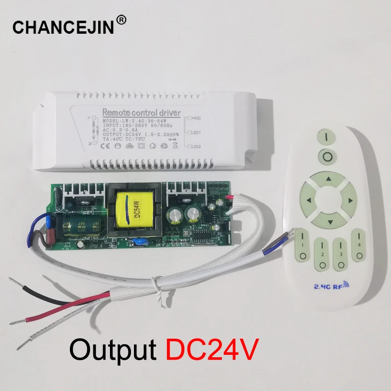 Выход 24V Мощность поставить 2,4G пульт дистанционного управления Светодиодный драйвер 36-54 Вт Вход: 180-265V 50/60Hz Выход: DC24V 1,5-2.2A