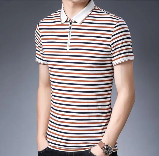 orange striped Лидер продаж мужская молния рубашка поло модный дизайн контрастные цвета полосатый хлопок рубашки поло для мужчин короткий рукав одежда - Цвет: orange striped