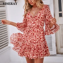 Новое поступление, богемное шифоновое платье с принтом на спине, на шнуровке, женское сексуальное платье, мини-платье трапециевидной формы с оборками, женское платье с расклешенными рукавами, сарафаны