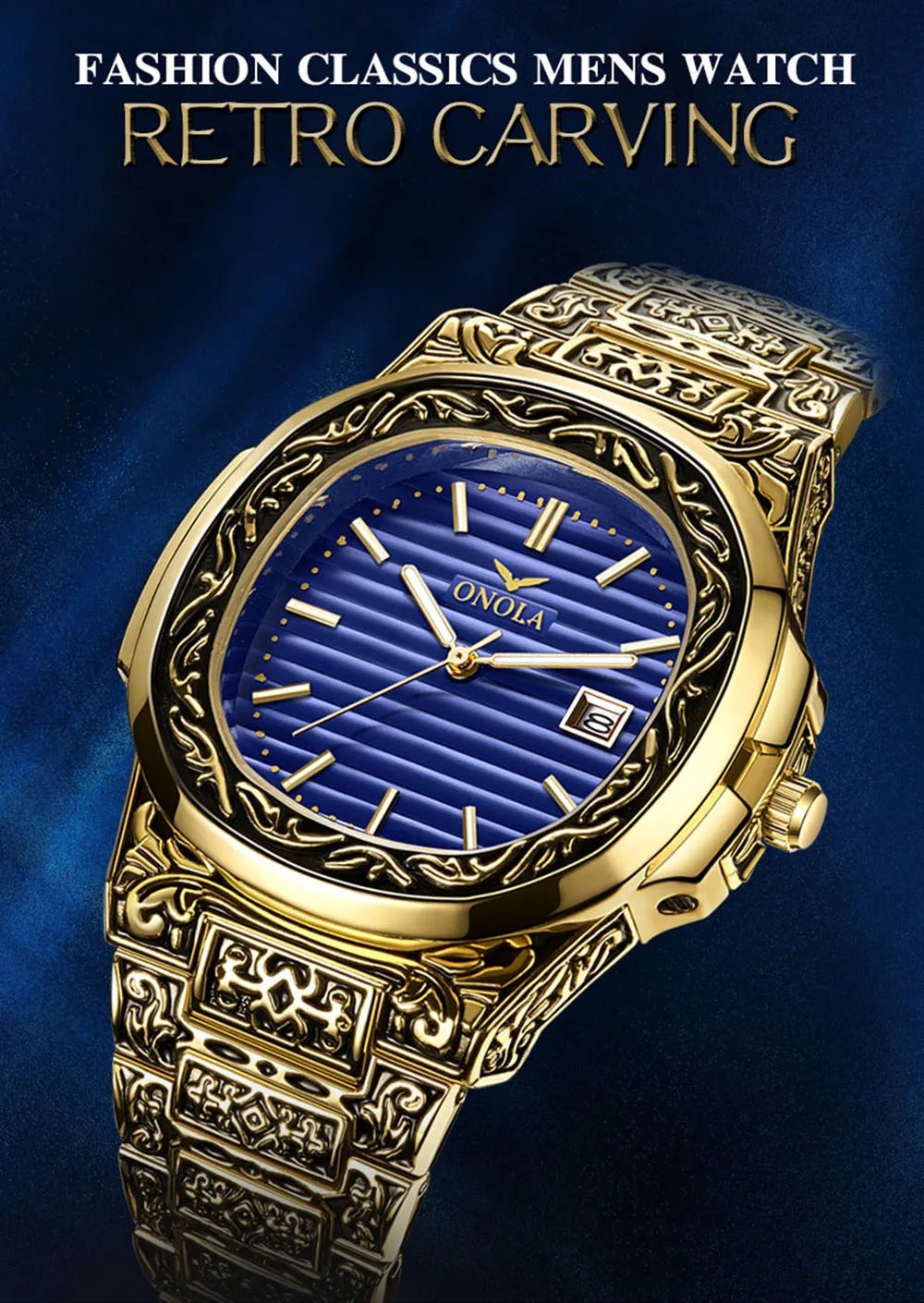 Fashion Quartz Men Luxury Retro Golden Stainless Steel Watch