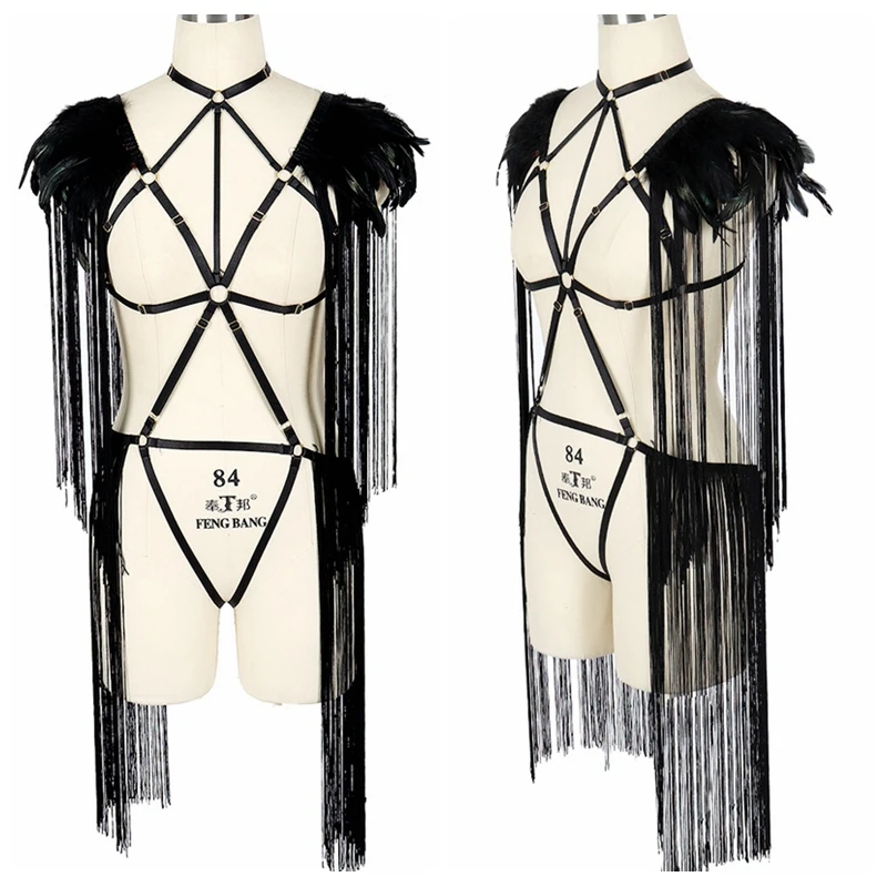 Сексуальный комплект нижнего белья, черный пояс с кисточками, пояс на талии, бюстгальтер, топ, перо, бандаж, нижнее белье, подтяжки, вечерние, танцевальная одежда, ремень, клетка