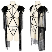 Сексуальный комплект нижнего белья, черный пояс с кисточками, пояс на талии, бюстгальтер, топ, перо, бандаж, нижнее белье, подтяжки, вечерние, танцевальная одежда, ремень, клетка