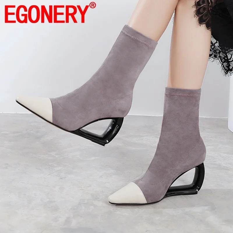 

EGONERY runk woman booties genuine cow leather 8cm high hollow heels ankle boots spring autumn elastic fabric hosiery boots 43CN
