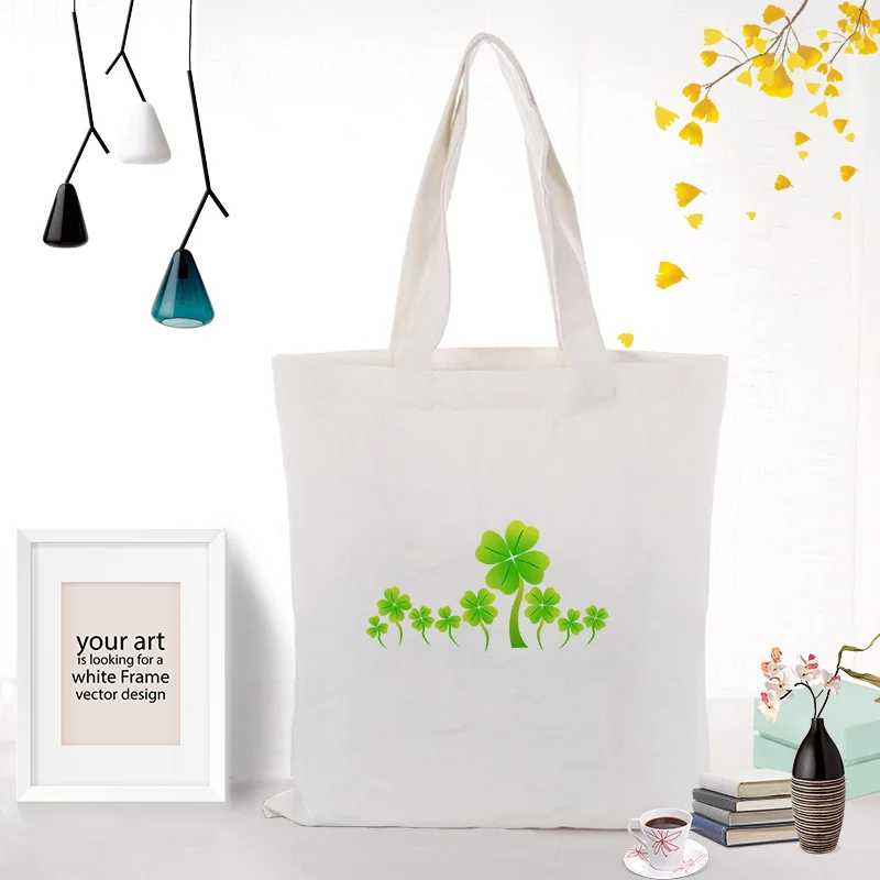 hand canvas handbag text DIY clover pattern handbagbag print customized printing logo daily use foldable shopping Reusable - Цвет: CLOVER054