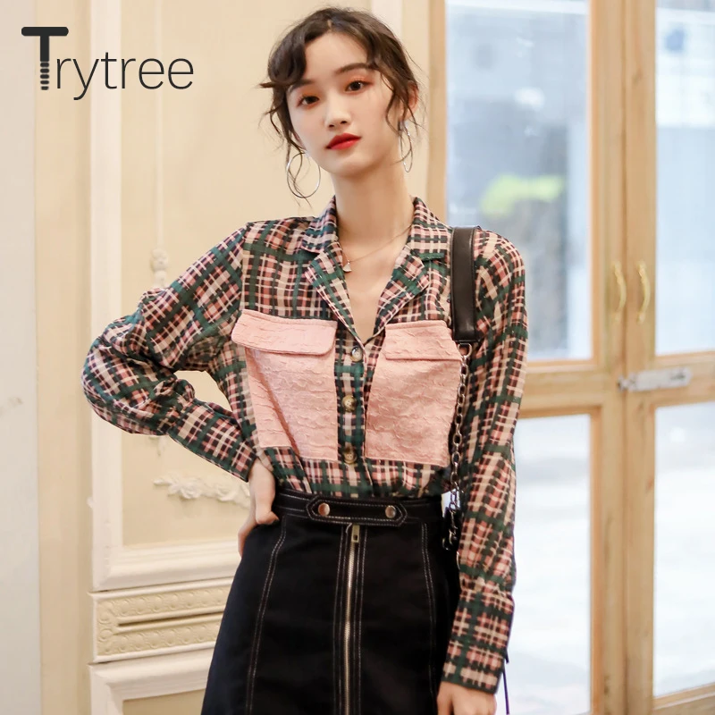 Trytree/осенний женский костюм из двух предметов, Повседневная рубашка в клетку с отложным воротником и розовыми карманами, Топы+ юбка, мини-комплект на молнии, комплект из 2 предметов