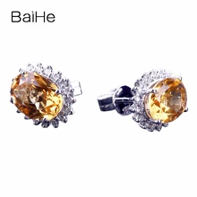 BAIHE одноцветное Белое золото 14 карат(AU585) натуральная кожа с натуральным цитрином, 5x7 мм подарок модные Обручение& вечерние тонкой украшение-гвоздик серьги