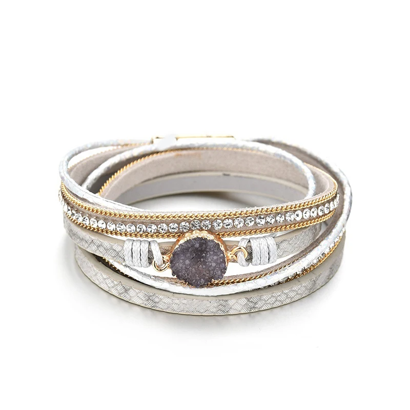 

2019 Fashion Boho Multilayer Leather Bracelet Rhinestone Crystal Bracelet Magnetic Buckle Mujer Pulseras Femme Jewelry Gift
