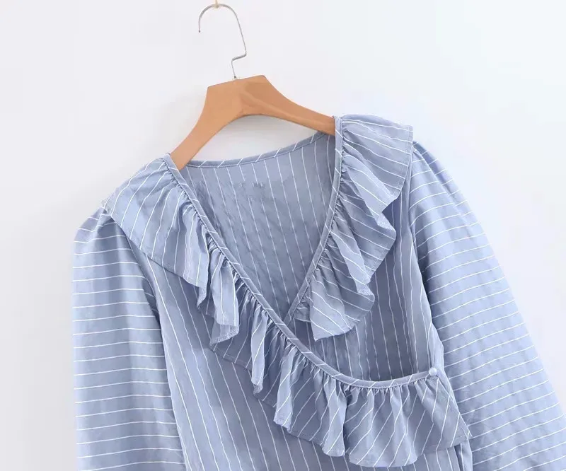 Увядшие blusas mujer de moda Англия винтажная синяя полосатая хлопковая рубашка с оборками кимоно блузка женские топы и блузки