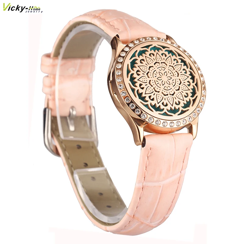 Pink Watch Locket Bracelet Genuine Leather Crystal Stainless Steel Men Woman Bangle Essential Oil Aroma Diffuser | Украшения и