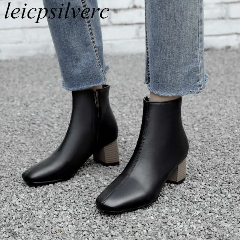 

Women's Boots Autumn Winter Med Heel Zip Square Toe Ankle Simple and Versatile Solid Color Booties 2019 New Sexy Fashion Black